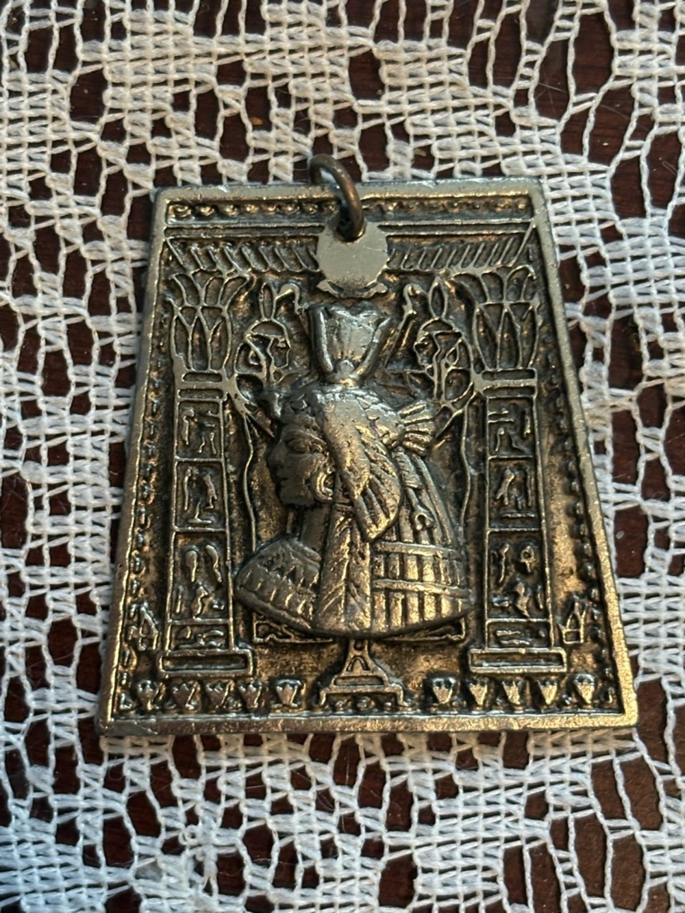 Vintage Egyptian Revival Pendant Cleopatra Pharaoh Hieroglyphics Silver Tone 2”